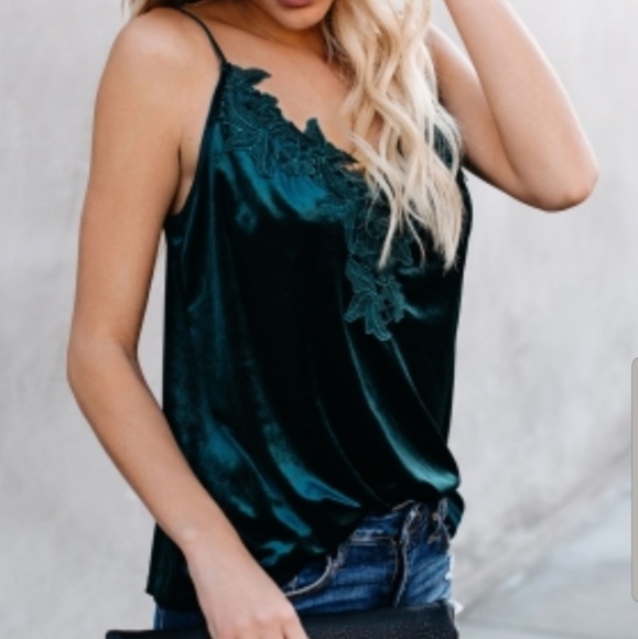 Small Emerald Velvet & Lace Cami appliqué neckline - Picture 3 of 4